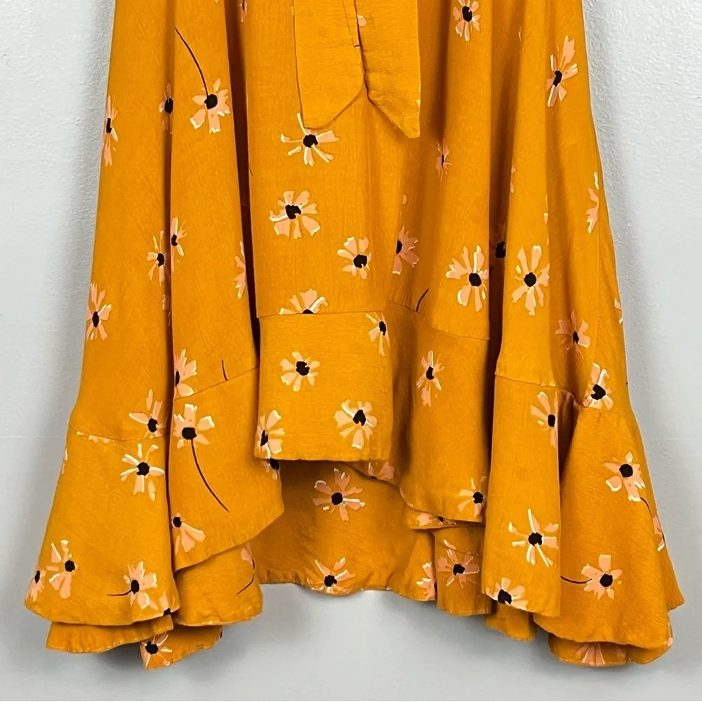 Faithfull The Brand Kamares Botany mustard yellow floral ruffle hem skirt, XS.